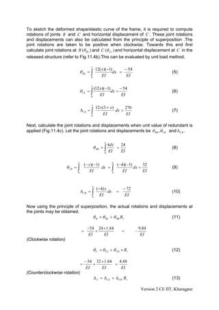 To sketch the deformed shape/elastic curve of the frame, it is required to compute
rotations of joints B and C and horizontal displacement of C . These joint rotations
and displacements can also be calculated from the principle of superposition .The
joint rotations are taken to be positive when clockwise. Towards this end first
calculate joint rotations at B (θ BL ) and C (θ CL ) and horizontal displacement at C in the
released structure (refer to Fig.11.4b).This can be evaluated by unit load method.

                                                12( x)(−1)      − 54
                                          3
                                  θ BL = ∫                 dx =                                  (5)
                                          0
                                                    EI           EI

                                            (12 x)(−1)      − 54
                                          3
                                  θ CL = ∫             dx =                                      (6)
                                          0
                                                EI           EI

                                                12 x(3 + x)
                                           3
                                                                 270
                                  Δ CL = ∫                  dx =                                 (7)
                                           0
                                                     EI          EI

Next, calculate the joint rotations and displacements when unit value of redundant is
applied (Fig.11.4c). Let the joint rotations and displacements be θ BR ,θ CR and Δ CR .

                                                      6
                                                        4dx   24
                                               θ BR = ∫     =                                    (8)
                                                      0
                                                        EI    EI


                                       (− x)(−1)                 (−4)(−1)
                              4                              6
                                                                               32
                       θ CR = ∫                  dx +        ∫            dx =                   (9)
                              0
                                           EI                0
                                                                    EI         EI



                                                 (−4) x              − 72
                                           6
                                  Δ CR = ∫              dx       =                               (10)
                                           0
                                                   EI                 EI

Now using the principle of superposition, the actual rotations and displacements at
the joints may be obtained.
                                θ B = θ BL + θ BR R1                      (11)

                                        −54 24 × 1.84                           9.84
                                   =       +                         =      −
                                        EI     EI                                EI
(Clockwise rotation)

                                               θ C = θ CL + θ CR × R1                            (12)

                                       − 54 32 × 1.84   4.88
                                  =        +          =
                                        EI     EI        EI
(Counterclockwise rotation)
                                               Δ C = Δ CL + Δ CR R1                              (13)

                                                                                 Version 2 CE IIT, Kharagpur
 