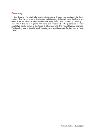 Summary
In this lesson, the statically indeterminate plane frames are analysed by force
method. For the purpose of illustrations only bending deformations of the frame are
considered as the axial deformations are very small. The problem of yielding of
supports in the case of plane frames is also discussed. The procedure to draw
qualitative elastic curve of the frame is illustrated with the help of typical example.
The bending moment and shear force diagrams are also drawn for the case of plane
frame.




                                                           Version 2 CE IIT, Kharagpur
 