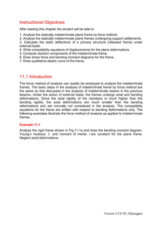 Instructional Objectives
After reading this chapter the student will be able to
1. Analyse the statically indeterminate plane frame by force method.
2. Analyse the statically indeterminate plane frames undergoing support settlements.
3. Calculate the static deflections of a primary structure (released frame) under
external loads.
4. Write compatibility equations of displacements for the plane deformations.
5. Compute reaction components of the indeterminate frame.
6. Draw shear force and bending moment diagrams for the frame.
7. Draw qualitative elastic curve of the frame.



11.1 Introduction
The force method of analysis can readily be employed to analyze the indeterminate
frames. The basic steps in the analysis of indeterminate frame by force method are
the same as that discussed in the analysis of indeterminate beams in the previous
lessons. Under the action of external loads, the frames undergo axial and bending
deformations. Since the axial rigidity of the members is much higher than the
bending rigidity, the axial deformations are much smaller than the bending
deformations and are normally not considered in the analysis. The compatibility
equations for the frame are written with respect to bending deformations only. The
following examples illustrate the force method of analysis as applied to indeterminate
frames.

Example 11.1
Analyse the rigid frame shown in Fig.11.1a and draw the bending moment diagram.
Young’s modulus E and moment of inertia I are constant for the plane frame.
Neglect axial deformations.




                                                           Version 2 CE IIT, Kharagpur
 