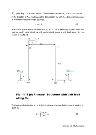 RDx (vide Fig.11.1.b) must vanish. Calculate deformation a11 due to unit load at D
in the direction of R Dx . Multiplying this deformation a11 with R Dx , the deformation due
to redundant reaction can be obtained.

                             Δ = a11 RDx                                       (1)

Now compute the horizontal deflection Δ L at D due to externally applied load. This
can be readily determined by unit load method. Apply a unit load along R Dx as
shown in Fig.10.1d.




The horizontal deflection Δ L at D in the primary structure due to external loading is
given by

                                   D
                                       δM v M
                              ΔL = ∫            dx                             (2)
                                   A
                                         EI




                                                              Version 2 CE IIT, Kharagpur
 