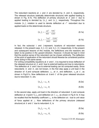 The redundant reactions at A and B are denoted by R1 and R2 respectively.
The released structure (statically determinate structure) with applied loading is
shown in Fig. 8.1b. The deflection of primary structure at B and C due to
applied loading is denoted by (Δ L )1 and (Δ L )2 respectively. Throughout this
module (Δ L )i notation is used to denote deflection at i th redundant due to
applied loads on the determinate structure.

                                                4
                                                         7 PL3
                              (Δ L )1 = − wL         −                                    (8.1a)
                                          8 EI           12 EI

                                                    4
                                                             27 PL3
                              (Δ L )2 = − 7 wL           −                                (8.1b)
                                           24 EI             16 EI

In fact, the subscript 1 and 2 represent, locations of redundant reactions
released. In the present case R A (= R1 ) and RB (= R2 ) respectively. In the present
and subsequent lessons of this module, the deflections and the reactions are
taken to be positive in the upward direction. However, it should be kept in mind
that the positive sense of the redundant can be chosen arbitrarily. The deflection
of the point of application of the redundant should likewise be considered positive
when acting in the same sense.
For writing compatibility equations at B and C , it is required to know deflection of
the released structure at B and C due to external loading and due to redundants.
The deflection at B and C due to external loading can be computed easily. Since
redundants R1 and R2 are not known, in the first step apply a unit load in the
direction of R1 and compute deflection, a11 at B , and deflection, a 21 at C , as
shown in Fig.8.1c. Now deflections at B and C of the given released structure
due to redundant R1 are,

                              (Δ R )11 = a11    R1                                        (8.2a)

                              (Δ R )21 = a 21   R1                                        (8.2b)

In the second step, apply unit load in the direction of redundant R2 and compute
deflection at B (point 1), a12 and deflection at C , a 22 as shown in Fig 8.1d. It may
be recalled that the flexibility coefficient a ij is the deflection at i due to unit value
of force applied at j . Now deflections of the primary structure (released
structure) at B and C due to redundant R2 is

                              (Δ R )12 = a12    R2                                        (8.3a)

                              (Δ R )22 = a 22   R2                                        (8.3b)

                                                                      Version 2 CE IIT, Kharagpur
 