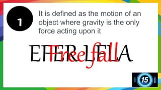 It is defined as the motion of an
object where gravity is the only
force acting upon it
EFER LFLA
Free fall
 