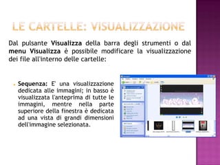 Dal pulsante Visualizza della barra degli strumenti o dal
menu Visualizza è possibile modificare la visualizzazione
dei file all'interno delle cartelle:


    Sequenza: E' una visualizzazione
     dedicata alle immagini; in basso è
     visualizzata l'anteprima di tutte le
     immagini, mentre nella parte
     superiore della finestra è dedicata
     ad una vista di grandi dimensioni
     dell'immagine selezionata.
 