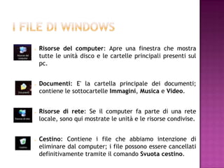    Risorse del computer: Apre una finestra che mostra
    tutte le unità disco e le cartelle principali presenti sul
    pc.


   Documenti: E' la cartella principale dei documenti;
    contiene le sottocartelle Immagini, Musica e Video.


   Risorse di rete: Se il computer fa parte di una rete
    locale, sono qui mostrate le unità e le risorse condivise.


   Cestino: Contiene i file che abbiamo intenzione di
    eliminare dal computer; i file possono essere cancellati
    definitivamente tramite il comando Svuota cestino.
 
