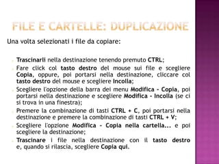 Una volta selezionati i file da copiare:

    Trascinarli nella destinazione tenendo premuto CTRL;
    Fare click col tasto destro del mouse sui file e scegliere
     Copia, oppure, poi portarsi nella destinazione, cliccare col
     tasto destro del mouse e scegliere Incolla;
    Scegliere l'opzione della barra dei menu Modifica – Copia, poi
     portarsi nella destinazione e scegliere Modifica - Incolla (se ci
     si trova in una finestra);
    Premere la combinazione di tasti CTRL + C, poi portarsi nella
     destinazione e premere la combinazione di tasti CTRL + V;
    Scegliere l'opzione Modifica – Copia nella cartella... e poi
     scegliere la destinazione;
    Trascinare i file nella destinazione con il tasto destro
     e, quando si rilascia, scegliere Copia qui.
 