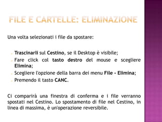 Una volta selezionati i file da spostare:


    Trascinarli sul Cestino, se il Desktop è visibile;
    Fare click col tasto destro del mouse e scegliere
     Elimina;
    Scegliere l'opzione della barra dei menu File - Elimina;
    Premendo il tasto CANC.


Ci comparirà una finestra di conferma e i file verranno
spostati nel Cestino. Lo spostamento di file nel Cestino, in
linea di massima, è un'operazione reversibile.
 