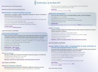 Quinta-feira, 26 de Maio 2011
08h15 Credenciamento e Café de Boas-Vindas                                                                       • Benefícios dos alarmes e rastreadores com tecnologia wireless e como o M2M facilita isso
                                                                                                                 • O que muda para as seguradoras de veículos e imóveis
08h50 Abertura Oﬁcial do Evento pela Equipe Informa                                                              Sergio Souza
                                                                                                                 Vice-Presidente de Operações e Tecnologia - Zatix
09h00 INTRODUÇÃO À TECNOLOGIA    MACHINE-TO-MACHINE
                                                                                                            14h30 PALESTRA   INTERNACIONAL
     Compreenda a Tecnologia e Avalie os Benefícios Potenciais em Termos de Eﬁciência e
                                                                                                                 O Carro do futuro próximo, como a tecnologia M2M vai mudar o modo de dirigimos
     Desenvolvimento de Novos Serviços
                                                                                                                 • As vantagens de um carro conectado
     • Overview da evolução da tecnologia M2M
                                                                                                                 • Oportunidades de novos serviços para carros inteligentes
     • Onde está o resto do mundo e o Brasil em termos de utilização e desenvolvimento de tecnologias M2M
                                                                                                                 • Benefícios dessa tecnologia para os consumidores e provedores de serviços
     • Casos de sucesso do uso dessa tecnologia no Brasil
                                                                                                                 • Experiências de sucesso no exterior
     • O que levou à necessidade de conectividade móvel em alguns produtos
                                                                                                                 Angel Mercedes
     • Algumas lições aprendidas através de aplicações M2M utilizadas mundo afora                                Business Development Manager-Telematics and Smart Grid M2M - T-Mobile (Aguardando conﬁrmação ﬁnal)
     Luis Minoru Shibata
     Consulting Director - PROMONLOGICALIS
                                                                                                            15h20 Áreade Energia
                                                                                                                 Soluções de Medição Digital (Smart Metering/Smart Grids): Garantia de Eﬁciência de Custos e
11h00 COFFEE BREAK & NETWORKING
                                                                                                                 Potencial Redução de Consumo
                                                                                                                 • Princípios básicos das soluções de medição digital inteligente
11h30 PALESTRA   INTERNACIONAL                                                                                   • Determinação dos sistemas chave e processos necessários para o apoio às medições
     Desenvolvimento de um Plano de Negócios para o Investimento Bem Sucedido em um Lançamento                   • Impactos em custos e questões ambientais
     ou Migração para M2M com o Intuito de Reduzir Custos e Obter Serviços Novos e Lucrativos
                                                                                                                 • Garantia de segurança nos dados
     • Deﬁnição dos direcionadores de negócio para o lançamento e justiﬁcativas para o investimento
                                                                                                                 Palestrante a conﬁrmar. Para agenda atualizada, visite www.informatm.com.br/m2m
     • Buscando as opções tecnológicas que garantam a integração com os serviços existentes e a
     manutenção da continuidade do serviço para os consumidores
                                                                                                            16h00 COFFEE BREAK & NETWORKING
     • Provisionamento de Capex e Opex
     • Deﬁnição de KPIs e previsões de ROI
                                                                                                            16h30 DOIS PONTOS DE VISTA SOBRE O DESENVOLVIMENTO DE NOVAS ESTRATÉGIAS DE
     Keynote Speaker - Roger D. Dewey                                                                            MERCADO PARA OPERADORAS MÓVEIS COM M2M
     CEO e Managing Member - M2MV, LLC
                                                                                                                 Desenvolvimento da Estratégia, Abordagem e Processos de Negócio Ótimos para Operadoras
     Ex-Presidente e CEO - Telit Americas
                                                                                                                 Explorarem as Crescentes Oportunidades do Mercado de M2M
                                                                                                                 • Previsões de crescimento do Mercado de M2M em algumas verticais especíﬁcas
12h15 Área  de Finanças
                                                                                                                 • Desenvolvimento de uma tecnologia bem sucedida e parceiros de conectividade
     Utilização de M2M para a Garantia de Transações Financeiras Seguras em Tempo Real
     • Caixas eletrônicos conectados via 3G: o que muda?                                                         • Criação de uma nova unidade de negócios e estratégias para serviços M2M
     • Questões de segurança e redução de custos                                                                 • Desenvolvimento de estruturas de preços lucrativas
     Palestrante a conﬁrmar. Para agenda atualizada, visite www.informatm.com.br/m2m                             • Garantias de segurança
                                                                                                                 • Garantias de eﬁciência operacional para o lançamento ao mercado de massa
12h45 ALMOÇO & NETWORKING                                                                                        Wlamir Molinari
                                                                                                                 Gerente de Desenvolvimento de Produtos e Serviços - VIVO
14h00 Áreade Transportes e Segurança                                                                             Executivo Sênior - CLARO
     Monitoramento Remoto de Veículos e Utilização do M2M para Segurança em Geral
                                                                                                            18h15 Encerramento do Evento
     • As principais aplicações de segurança e que geram mais benefícios ao consumidor ﬁnal
 