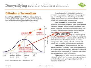 Demystifying social media is a channel

Diffusion of Innovations                                                                            Innovators are the first individuals to adopt an
                                                                                           innovation. Innovators are willing to take risks, youngest in
Everett Rogers 1962 book “Diffusion of Innovations” is                                     age, have the highest social class, have great financial
a theory that seeks to explain how, why, and at what rate                                  lucidity, very social and have closest contact to scientific
new ideas and technology spread through cultures.                                          sources and interaction with other innovators.
                                                                                                    Early Adopters is the second fastest category of
                                                                                           individuals who adopt an innovation. These individuals have
                                                                                           the highest degree of opinion leadership among the other
                                                                                           adopter categories. More discrete in adoption choices than
                                                                                           innovators. Realize judicious choice of adoption will help

                                   Internet                        Phone                   them maintain central communication position.
                                                                                                   Early Majority            adopt an innovation after a
                                   78% of North     America1       94% America1
                                                                                           varying degree of time. This time of adoption is significantly
                                                                                           longer than the innovators and early adopters. Early Majority
                                                                                           tend to be slower in the adoption process, have above
                                                                                           average social status, contact with early adopters, and
                                                                                           seldom hold positions of opinion leadership in a system.
                                                                                                    Late Majority will adopt an innovation after the
                              Social Media                                                 average member of the society. These individuals approach
                              ~52% of US has profile on                                    an innovation with a high degree of skepticism and after the
                              one or more platforms2                                       majority of society has adopted the innovation. Late Majority
                                                                                           are typically skeptical about an innovation.
                                                                                                    Laggards are the last to adopt an innovation. These
                                                                                           individuals typically have an aversion to change-agents and
                                                                                           tend to be advanced in age. Laggards typically tend to be
Source: 1 - Internet Word Stats, 2012; 2 - Edison Research, 2011                           focused on “traditions.”


12/12/12                                                              4S Commerce Confidential                                                        7
 