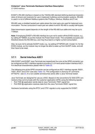 Cinterion®
Java Terminals Hardware Interface Description
3.7 GPIO Interface
44
 EHSxT_BGS5T_HID_v09 2017-04-25
Confidential / Released
Page 31 of 93
EHS5T‘s RS-485 interface is based on the TIA/EIA-485 standard defining electrical character-
istics of drivers and receivers for use in balanced multidrop communication systems. RS-485
is used in a lot of different fieldbus systems like Profibus, Interbus, Modbus and P-net.
RS-485 uses a shielded twisted pair cable where the inner pairs are used for balanced com-
munication. The two conductors in each pair are called A and B. RS-485 is usually half-duplex.
Data transmission speed depends on the length of the RS-485 bus cable and may be up to
115kbps.
Note: If employing EHS5T‘s RS-485 interface be sure not to switch off the EHS5 module, e.g.,
by calling AT^SMSO, to put the module into Power Down mode. This completely occupies and
therefore blocks the RS-485 bus, and may thus lead to a higher current consumption.
Also, be sure not to activate SLEEP mode, e.g., by setting AT^SPOW with <mode>=2, for the
EHS5 module, as the module may no longer be able to wake up from SLEEP mode, and will
then have to be reset.
3.7.1 Serial Interface ASC1
With EHS5T and EHS6T Java Terminals two respectively four pins at the GPIO connector can
be configured as ASC1 interface signals to provide a 2- or 4-wire serial modem interface ASC1.
For electrical characteristics please refer to Table 22.
The following pins at the GPIO connector can be configured as ASC1 interface signals: RXD1,
TXD1, RTS1 and CTS1 (see also Table 13). The configuration is done by AT command
AT^SCFG - see [1]. It is non-volatile and becomes active after a Java Terminal restart.
Java Terminals are designed for use as a DCE. Based on the conventions for DCE-DTE con-
nections they communicate with the customer application (DTE) using the following signals:
• Port TXD @ application sends data to Java Terminal’s TXD1 signal line
• Port RXD @ application receives data from the Java Terminal’s RXD1 signal line
Hardware handshake using the RTS1 and CTS1 signals is only supported for EHS6T.
 