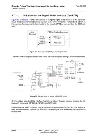 Cinterion®
Java Terminals Hardware Interface Description
3.7 GPIO Interface
44
 EHSxT_BGS5T_HID_v09 2017-04-25
Confidential / Released
Page 33 of 93
3.7.2.1 Solutions for the Digital Audio Interface (DAI/PCM)
Figure 10 and Figure 11 show an example of using the digital audio interface of the Java Ter-
minal. The below mentioned sample Nuvoton codec W681360 can be replaced with a DSP. In
the example, framesync and clock master is the module (TFSDAI line) and thus the GSM net-
work.
Figure 10: Block circuit for DAI/PCM to analog converter
This DAI/PCM analog converter is well suited for evaluating and testing a telephone handset.
Figure 11: Sample circuit for analog to DAI/PCM circuit
On the module side, the PCM interface has to be enabled. This can be done by using the fol-
lowing AT command: AT^SCFG="GPIO/mode/DAI","std".
Please note that level converters may be required between the the 3.0V audio codec interface
lines and the module‘s digital audio lines and - depending on VCCref settings for the GPIO in-
terface lines.
W681360
13-Bit-Linear-
CODEC
PCM to Analog ConverterJava
Terminal
RXDDAI
TXDDAI
TSFDAI
SCLK
+3.0V
+3.0V
SCLK
TXDDAI
TFSDAI
RXDDAI
R5
1k
R6
1k
R9
100k
Mic1
MICROPHONE
1
2
+ C6
100uF
C3
10nF
C2
100nF
R8 100kR7 20k
C1
100nF
U1
W681360
15
6
5
8
1
4
9
10
2
3
19
18
17
16
14
13
12
11
7
20
VSS
VDD
PO+
DR
VAGREF
PO-
BCLKR
PDI
RO-
PI
TI+
TI-
TG
HB
FST
DT
BCLKT
MCLK
FSR
VAG
R1 75k
R2 75k
C7 420pF
C8 420pF
R4 1k
R3 1k
C4 100nF
C5 100nF
LS1
SPEAKER
Speaker gain
Java Terminal
Output lines:
TFSDAI
SCLK
TXDDAI
Input line:
RXDDAI
 