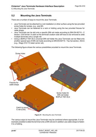 Cinterion®
Java Terminals Hardware Interface Description
5.2 Mounting the Java Terminals
59
 EHSxT_BGS5T_HID_v09 2017-04-25
Confidential / Released
Page 58 of 93
5.2 Mounting the Java Terminals
There are a number of ways to mount the Java Terminals:
• Java Terminals can be attached to a rail installation or other surface using the two provided
screw holes for screws, e.g., size M3.
• Java Terminals can be fastened to a rack or holding using the two provided fixtures for
cable straps.
• Java Terminals can be slid onto a specific DIN rail made according to DIN EN 60715 - C
section, C30 format. A catch at the terminal’s bottom side will have to be removed to slide
multiple terminals onto a single rail.
• Using a BOPLA TSH 35-2 universal DIN rail holder the Java Terminals can be fitted onto
another special type of DIN rail made according to DIN EN 60715 - Top hat section, 35mm
(e.g., Wago 210-113 steel carrier rail).
The following figure shows the various possibilities provided to mount the Java Terminals.
Figure 21: Mounting the Java Terminals
The various ways to mount the Java Terminals may be combined where appropriate. It is for
example possible to slide the terminal onto a DIN rail and in addition use cable straps to fasten
it to a holding.
Catch to mount
Screw holes for
Screw holes
Fixtures for
cable straps
DIN rail holder
C-rail (C30)
BOPLA TSH 35-2
 