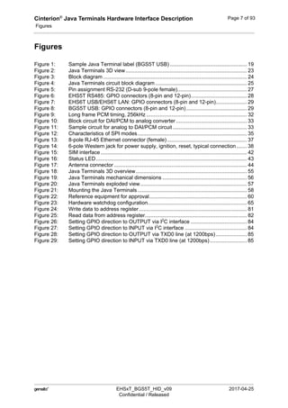 Cinterion®
Java Terminals Hardware Interface Description
Figures
7
 EHSxT_BGS5T_HID_v09 2017-04-25
Confidential / Released
Page 7 of 93
Figures
Figure 1: Sample Java Terminal label (BGS5T USB) .................................................... 19
Figure 2: Java Terminals 3D view.................................................................................. 23
Figure 3: Block diagram ................................................................................................. 24
Figure 4: Java Terminals circuit block diagram.............................................................. 25
Figure 5: Pin assignment RS-232 (D-sub 9-pole female)............................................... 27
Figure 6: EHS5T RS485: GPIO connectors (8-pin and 12-pin)...................................... 28
Figure 7: EHS6T USB/EHS6T LAN: GPIO connectors (8-pin and 12-pin)..................... 29
Figure 8: BGS5T USB: GPIO connectors (8-pin and 12-pin)......................................... 29
Figure 9: Long frame PCM timing, 256kHz .................................................................... 32
Figure 10: Block circuit for DAI/PCM to analog converter................................................ 33
Figure 11: Sample circuit for analog to DAI/PCM circuit .................................................. 33
Figure 12: Characteristics of SPI modes.......................................................................... 35
Figure 13: 8-pole RJ-45 Ethernet connector (female)...................................................... 37
Figure 14: 6-pole Western jack for power supply, ignition, reset, typical connection....... 38
Figure 15: SIM interface................................................................................................... 42
Figure 16: Status LED...................................................................................................... 43
Figure 17: Antenna connector.......................................................................................... 44
Figure 18: Java Terminals 3D overview........................................................................... 55
Figure 19: Java Terminals mechanical dimensions ......................................................... 56
Figure 20: Java Terminals exploded view........................................................................ 57
Figure 21: Mounting the Java Terminals.......................................................................... 58
Figure 22: Reference equipment for approval.................................................................. 60
Figure 23: Hardware watchdog configuration................................................................... 65
Figure 24: Write data to address register......................................................................... 81
Figure 25: Read data from address register..................................................................... 82
Figure 26: Setting GPIO direction to OUTPUT via I2
C interface ...................................... 84
Figure 27: Setting GPIO direction to INPUT via I2
C interface .......................................... 84
Figure 28: Setting GPIO direction to OUTPUT via TXD0 line (at 1200bps)..................... 85
Figure 29: Setting GPIO direction to INPUT via TXD0 line (at 1200bps)......................... 85
 