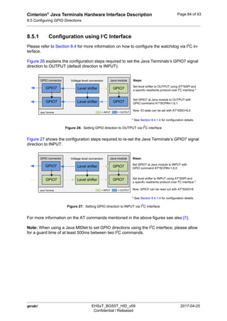 Cinterion®
Java Terminals Hardware Interface Description
8.5 Configuring GPIO Directions
92
 EHSxT_BGS5T_HID_v09 2017-04-25
Confidential / Released
Page 84 of 93
8.5.1 Configuration using I2
C Interface
Please refer to Section 8.4 for more information on how to configure the watchdog via I2
C in-
terface.
Figure 26 explains the configuration steps required to set the Java Terminals‘s GPIO7 signal
direction to OUTPUT (default direction is INPUT):
Figure 26: Setting GPIO direction to OUTPUT via I2
C interface
Figure 27 shows the configuration steps required to re-set the Java Terminals‘s GPIO7 signal
direction to INPUT:
Figure 27: Setting GPIO direction to INPUT via I2
C interface
For more information on the AT commands mentioned in the above figures see also [1].
Note: When using a Java MIDlet to set GPIO directions using the I2
C interface, please allow
for a guard time of at least 500ms between two I2
C commands.
GPIO connector Java module
Level shifterGPIO7 GPIO7
Set level shifter to OUTPUT using AT^SSPI and
a specific read/write protocol over I2
C interface *
Level shifterGPIO7 GPIO7
Set GPIO7 at Java module to OUTPUT with
GPIO command AT^SCPIN=1,6,1
Now, IO state can be set with AT^SSIO=6,0
Steps:Voltage level conversion
Java Terminal = INPUT = OUTPUT
* See Section 8.4.1.4 for configuration details.
* See Section 8.4.1.4 for configuration details.
GPIO connector Java module
Level shifterGPIO7 GPIO7
Level shifterGPIO7 GPIO7
Voltage level conversion
Java Terminal = INPUT = OUTPUT
Set GPIO7 at Java module to INPUT with
GPIO command AT^SCPIN=1,6,0
Set level shifter to INPUT using AT^SSPI and
a specific read/write protocol over I2
C interface *
Now, GPIO7 can be read out with AT^SGIO=6
Steps:
 