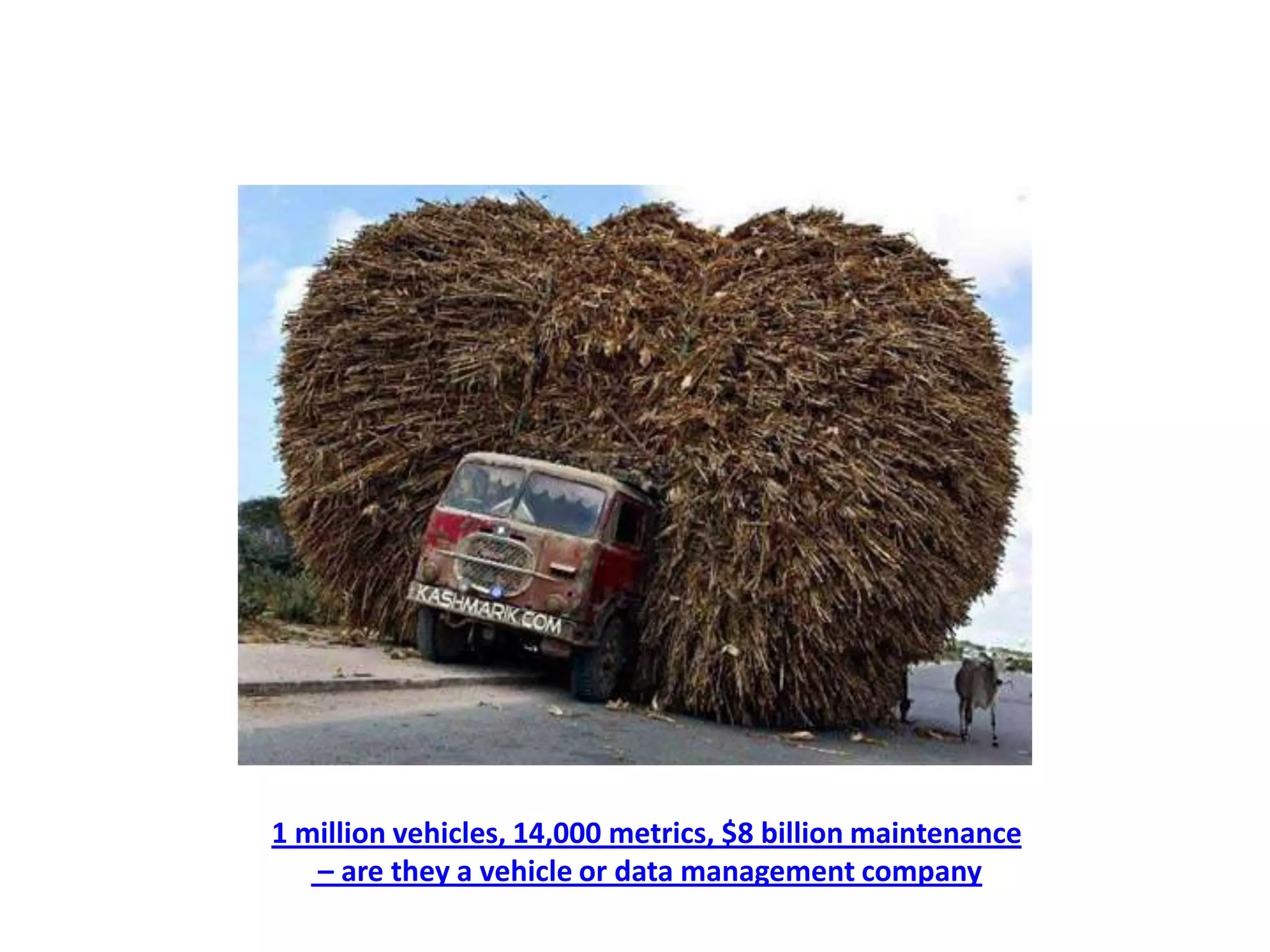 1 million vehicles, 14,000 metrics, $8 billion maintenance
   – are they a vehicle or data management company
 