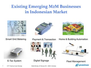7 © PT. Prasimax Inovasi Teknologi Mobile Monday, 24 February 2014 – M2M in Indonesia
Existing Emerging M2M Businesses
in Indonesian Market
Smart Grid Metering Payment & Transaction Home & Building Automation
E-Tax System Digital Signage Fleet Management
 