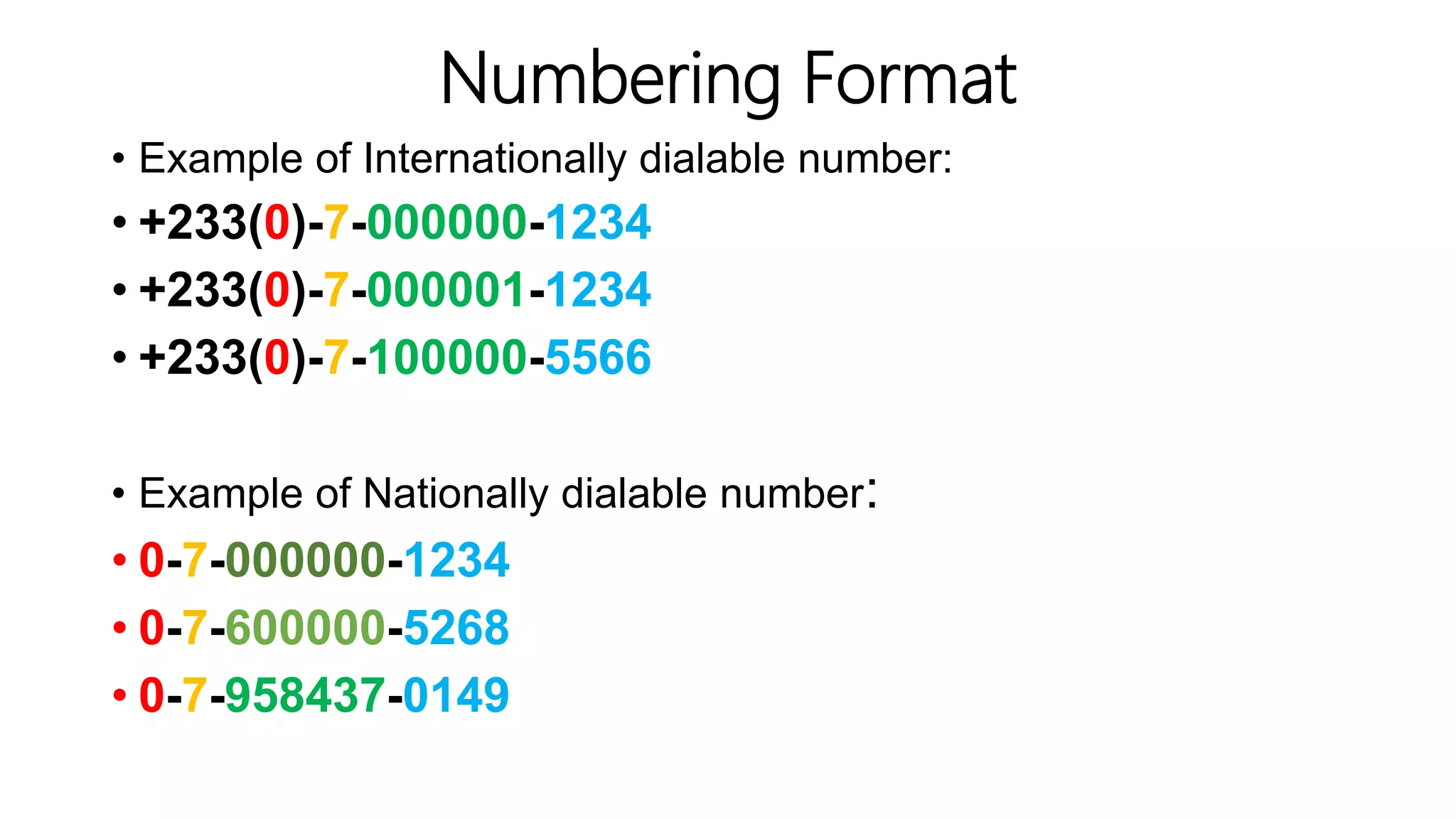 Numbering Format
• Example of Internationally dialable number:
• +233(0)-7-000000-1234
• +233(0)-7-000001-1234
• +233(0)-7-100000-5566
• Example of Nationally dialable number:
• 0-7-000000-1234
• 0-7-600000-5268
• 0-7-958437-0149
 