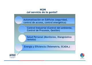 M2M
  ¿al servicio de la gente?


Automatización en Edificios (seguridad,
control de acceso, control energético)

   Control Industrial (Control del ambiente,
   Control de Procesos, Gestión)

   Salud Personal (Monitoreo, Diangnóstico
   remoto)


Energía y Eficiencia (Telemetría, SCADA,)




                                               11
 