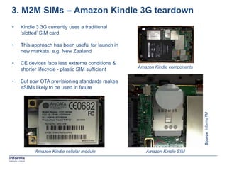 3. M2M SIMs – Amazon Kindle 3G teardown
•   Kindle 3 3G currently uses a traditional
    „slotted‟ SIM card

•   This approach has been useful for launch in
    new markets, e.g. New Zealand

•   CE devices face less extreme conditions &
                                                  Amazon Kindle components
    shorter lifecycle - plastic SIM sufficient

•   But now OTA provisioning standards makes
    eSIMs likely to be used in future




                                                                             Source: InformaTM
          Amazon Kindle cellular module              Amazon Kindle SIM
 