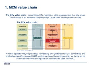 1. M2M value chain

The M2M value chain – is comprised of a number of roles organized into four key areas.
   The activities of an individual company might cause them to occupy one or more.

            The M2M value chain:




            Source: Informa Telecoms & Media


A mobile operator may be providing: connectivity only (historical role); or connectivity and
application-specific managed M2M service provision (the emerging role); or it may act as
            an end-to-end service integrator for an enterprise (less common).
 