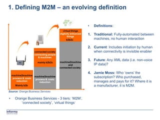 1. Defining M2M – an evolving definition

                                                 •   Definitions:

                                                 1. Traditional: Fully-automated between
                                                    machines, no human interaction

                                                 2. Current: Includes initiation by human
                                                    when connectivity is invisible enabler

                                                 3. Future: Any XML data (i.e. non-voice
                                                    IP data)?

                                                 4. Jamie Moss: Who „owns‟ the
                                                    subscription? Who purchased,
                                                    manages and pays for it? Where it is
                                                    a manufacturer, it is M2M.
Source: Orange Business Services

•   Orange Business Services - 3 tiers: „M2M‟,
        „connected society‟, „virtual things‟
 