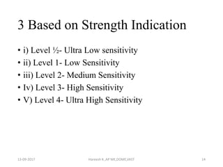 3 Based on Strength Indication
• i) Level ½- Ultra Low sensitivity
• ii) Level 1- Low Sensitivity
• iii) Level 2- Medium Sensitivity
• Iv) Level 3- High Sensitivity
• V) Level 4- Ultra High Sensitivity
13-09-2017 Hareesh K ,AP ME,DOME,VAST 14
 