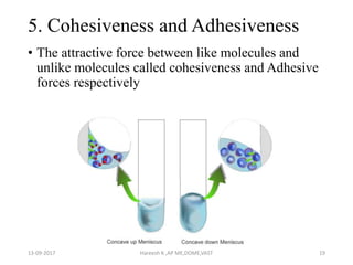 5. Cohesiveness and Adhesiveness
• The attractive force between like molecules and
unlike molecules called cohesiveness and Adhesive
forces respectively
13-09-2017 Hareesh K ,AP ME,DOME,VAST 19
 