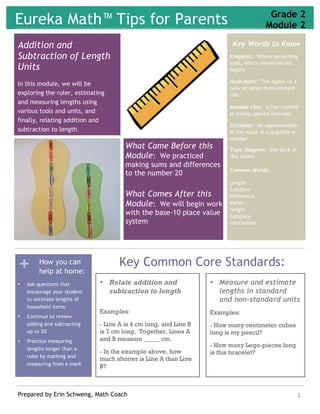 1Prepared by Erin Schweng, Math Coach
+ Key Common Core Standards:How you can
help at home:
Key Words to Know
In this module, we will be
exploring the ruler, estimating
and measuring lengths using
various tools and units, and
finally, relating addition and
subtraction to length.
Addition and
Subtraction of Length
Units
Endpoint: Where something
ends, where measurement
begins
Hash mark: The marks on a
ruler or other measurement
tool
Estimate: An approximation
of the value of a quantity or
number
Tape Diagram: See back of
this sheet!
Common Words:
Length
Combine
Difference
Meter
Height
Compare
Centimeter
Number Line: A line marked
at evenly spaced intervals
Key Words to Know
What Came Before this
Module: We practiced
making sums and differences
to the number 20
What Comes After this
Module: We will begin work
with the base-10 place value
system
• Ask questions that
encourage your student
to estimate lengths of
household items
• Continue to review
adding and subtracting
up to 20
• Practice measuring
lengths longer than a
ruler by marking and
measuring from a mark
21
• Measure and estimate
lengths in standard
and non-standard units
Examples:
- How many centimeter cubes
long is my pencil?
- How many Lego-pieces long
is this bracelet?
• Relate addition and
subtraction to length
Examples:
- Line A is 4 cm long, and Line B
is 7 cm long. Together, Lines A
and B measure _____ cm.
- In the example above, how
much shorter is Line A than Line
B?
Grade 2
Module 2Eureka Math™ Tips for Parents
 