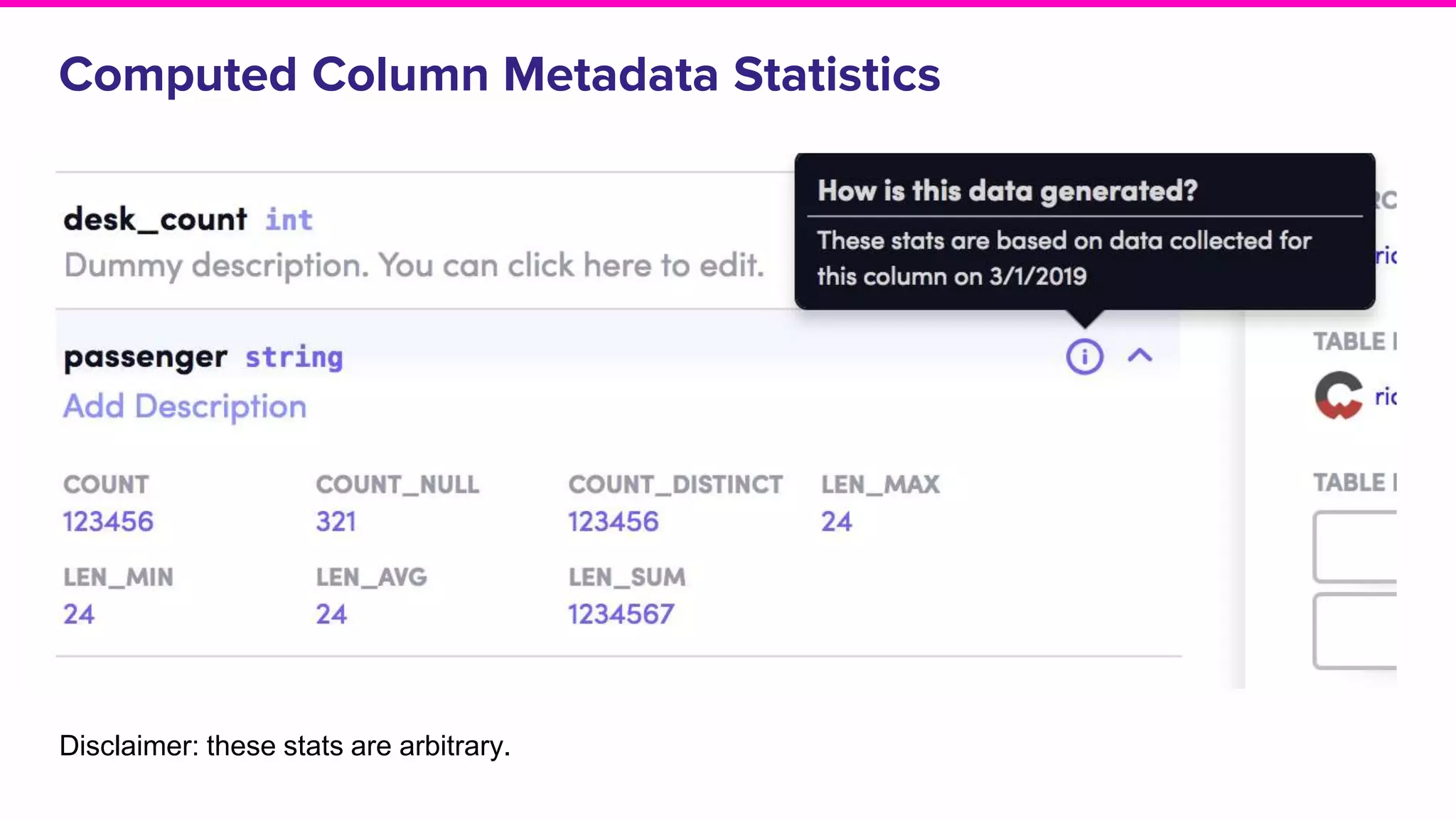 Computed Column Metadata Statistics
Disclaimer: these stats are arbitrary.
 