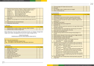 Modul Pendidikan Jarak Jauh Pendidikan Tinggi Kesehatan
Modul Pendidikan Jarak Jauh Jenjang Diploma 3 Program Studi Kebidanan
21
22
9 Sarung tangan DTT dalam bak instrumen
10 Bengkok
11 Air mengalir, sabun, handuk untuk cuci tangan
12 Buku catatan/alat tulis
B. PELAKSANAAN
NO KEGIATAN Ya Tidak
SIKAP PERLAKU
1 Menjelaskan tujuan dan prosedur yang akan dilaksanakan
2 Komunikasi dengan ibu/ pasien selama melakukan tindakan
3 Mencuci tangan sesudah dan sebelum tindakan dengan teknik
yang benar
4 Menjaga privasi pasien
5 Menempatkan alat secara ergonomis
KONTEN / ISI
1 Memberi identitas pada botol spesimen urine agar tidak tertukar
dengan pasien lain.
2 Mempersilahkan ibu untuk BAK dan menampung urine dalam
botol spesimen yang telah diberi identitas.
3 Memakai sarung tangan DTT.
4 Mengisi tabung reaksi (A dan B) masing-masing dengan 5 cc
urine.
5 Memanaskan tabung A di atas lampu spiritus hingga mendidih.
6 Menambahkan 3-5 tetes asam asetat 6%.
7 Membandingkan dengan tabung B.
8 Menilai adanya protein dalam urine dengan ketentuan
•	 Urine tidak keruh : Protein urine negatif
•	 Urine keruh : Protein urine positif
9 Apabila urine keruh (protein urine positif), maka urine dipanas-
kan lagi hingga mendidih (untuk menilai derajat kekeruhannya).
Ketentuan derajat kekeruhan adalah :
•	 Positif 1 (+) : Ada kekeruhan ringan tanpa butir-butir (ka-
dar protein kira-kira 0,01 – 0,05%)
•	 Positif 2 (++) : Kekeruhan mudah terlihat dan tampak butir-
butir dalam kekeruhan (kadar protein kira-kira 0,05-0,2%)
•	 Positif 3 (+++) : Urine jelas keruh dan kekeruhan tersebut
berkeping-keping (kadar protein kira-kira 0,2-0,5%)
•	 Positif 4 (++++) : Urine sangat keruh dan kekeruhan tersebut
berkeping-keping atau bergumpal-gumpal atau memadat (ka-
dar protein > 0,5%)
10 Membereskan dan membersihkan bahan/peralatan yang telah
digunakan.
7 Menilai hasil pemeriksan dengan mengamati apakah terjadi pe-
rubahan warna. Ketentuan hasilnya adalah sebagai berikut :
Negatif (-) : Warna tetap biru atau kehijauan
Positif 1 (+) : Warna hijau kekuningan agak keruh
Positif 2 (++) : Warna kuning dan keruh
Positif 3 (+++) : Warna jingga dan keruh
Positif 4 (++++) : Warna merah bata dan keruh
8 Membereskan dan membersihkan bahan/ peralatan yang telah
digunakan.
9 Melepas sarung tangan dan merendam dalam larutan clorin 0,5
%.
10 Memberitahu ibu hasil pemeriksaan
11 Melakukan dokumentasi
C. EVALUASI
NO KEGIATAN Ya Tidak
1 Melaksanakan tindakan dengan sistematis, efektif & efisien
2 Melaksanakan tindakan dengan baik
Rekan Mahasiswa, mari kita pelajari pemeriksaan Protein urin dengan menggunakan
reagen asam asetat, selengkapnya ikuti penuntun belajar sebagai berikut:
PENUNTUN BELAJAR
PEMERIKSAAN PROTEIN URINE (REAGEN ASAM ASETAT)
Beri tanda cek (√) pada kolom :
Ya	 : Bila kegiatan dikerjakan dengan benar
Tidak 	: Bila kegiatan tidak dikerjakan atau dikerjakan tidak benar
A. PERSIAPAN
NO KEGIATAN Ya Tidak
1 Botol spesimen urine
2 Reagen Asam Asetat 6 %
3 Tabung reaksi 2 buah
4 Rak tabung reaksi
5 Penjepit tabung reaksi
6 Lampu spiritus dan korek api
7 Gelas ukur atau spuit 5 cc
8 Pipet tetes
 