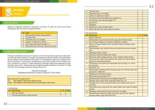 Modul Pendidikan Jarak Jauh Pendidikan Tinggi Kesehatan
Modul Pendidikan Jarak Jauh Jenjang Diploma 3 Program Studi Kebidanan
41
42
3 Tempat tidur.
4 Wastafel atau air mengalir.
5 Vaksin TT dalam box vaksin.
6 Set injeksi dan disposable spuit syringe 3 cc.
7 Handscoen atau sarung tangan DTT.
8 Kapas DTT.
9 Bengkok.
10 Safety box untuk sampah tajam.
11 Buku KIA, kartu ibu atau status ibu hamil.
B. PELAKSANAAN
NO KEGIATAN Ya Tidak
SIKAP PERLAKU
1 Menjelaskan tujuan dan prosedur yang akan dilaksanakan
2 Komunikasi dengan ibu selama melakukan tindakan
3 Mencuci tangan sebelum dan sesudah tindakan dengan teknik
yang benar
4 Menempatkan alat, bahan serta posisi pemeriksa secara ergono-
mis
5 Menjaga privacy pasien
6 Menaruh vaksin ke dalam box vaksin
7 Menutup vaksin dengan kertas, taruh coolpack diatas kertas
8 Menutup box vaksin secara benar dan rapat, box vaksin ditem-
patkan di meja pemeriksaan.
9 Menyiapkan set injeksi dan disposable spuit syringe 3 cc untuk
immunisasi.
KONTEN / ISI
1 Menjelaskan kepada pasien tentang reaksi dari vaksinasi dan apa
yang harus dilakukan
2 Melakukan informed consent.
3 Memakai sarung tangan DTT.
4 Membersihkan tutup karet vial dengan kapas DTT.
5 Mengisi spuit sesuai dosis yang dibutuhkan (0,5 cc).
6 Mengeluarkan udara yang ada dalam spuit dalam posisi jarum
tertutup.
7 Membawa spuit yang telah diisi vaksin dalam bak injeksi ke dekat
pasien.
8 Mengatur posisi pasien duduk senyaman mungkin.
9 Membebaskan daerah lengan yang akan disuntik dari pakaian
(lengan pasien yang tidak dominan)
Sebelum melakukan praktikum pemberian imunisasi TT pada ibu hamil Anda harus
menyiapkan alat dan bahan yang dibutuhkan :
No Alat
1. Ruang pemeriksaan yang nyaman.
2. Tempat tidur.
3. Wastafel atau air mengalir.
4. Vaksin TT dalam box vaksin.
5. Set injeksi dan spuit syringe 3 cc.
6. Buku KIA, kartu ibu atau status ibu hamil.
Praktikum pemberian imunisasi TT pada ibu hamil ini dapat Anda lakukan di laboratori-
um skill saat Anda praktikum. Langkah awal yang Anda lakukan adalah; mempersiapkan
alat dan bahan untuk pemberian imunisasi TT, menjelaskan tujuan dan prosedur pem-
berian imunisasi TT, kemudian mempersilahkan ibu hamil duduk di kursi dengan nya-
man. Pemberian imunisasi TT dapat dilakukan oleh Bidan pada level pelayanan primer,
sekunder atau tertier. Selanjutnya ikuti langkah-langkah pemberian imunisasi TT pada
ibu hamil sesuai dengan penuntun belajar berikut ini :
PENUNTUN BELAJAR
PEMBERIAN IMUNISASI TETANUS TOXSOID (TT) IBU HAMIL
Beri tanda cek (√) pada kolom :
Ya	 : Bila kegiatan dikerjakan dengan benar
Tidak 	: Bila kegiatan tidak dikerjakan atau dikerjakan tidak benar
A. PERSIAPAN
NO KEGIATAN Ya Tidak
1 Alat dan Bahan
2 Ruang pemeriksaan yang nyaman.
Uraian
Materi
Alat dan Bahan
Langkah-langkah kegiatan
 