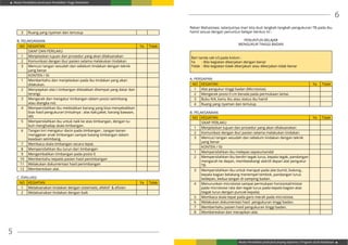 Modul Pendidikan Jarak Jauh Pendidikan Tinggi Kesehatan
Modul Pendidikan Jarak Jauh Jenjang Diploma 3 Program Studi Kebidanan
5
6
Rekan Mahasiswa, selanjutnya mari kita ikuti langkah-langkah pengukuran TB pada ibu
hamil sesuai dengan penuntun belajar berikut ini :
PENUNTUN BELAJAR
MENGUKUR TINGGI BADAN
Beri tanda cek (√) pada kolom :
Ya	 : Bila kegiatan dikerjakan dengan benar
Tidak 	: Bila kegiatan tidak dikerjakan atau dikerjakan tidak benar
A. PERSIAPAN
NO KEGIATAN Ya Tidak
1 Alat pengukur tinggi badan (Microtoise).
2 Mengecek posisi 0 cm berada pada permukaan lantai.
3 Buku KIA, kartu ibu atau status ibu hamil
4 Ruang yang nyaman dan tertutup
B. PELAKSANAAN
NO KEGIATAN Ya Tidak
SIKAP PERLAKU
1 Menjelaskan tujuan dan prosedur yang akan dilaksanakan
2 Komunikasi dengan ibu/ pasien selama melakukan tindakan
3 Mencuci tangan sesudah dan sebelum tindakan dengan teknik
yang benar
KONTEN / ISI
1 Mempersilahkan ibu melepas sepatu/sandal
2 Mempersilahkan ibu berdiri tegak lurus, kepala tegak, pandangan
mengarah ke depan, membelakangi alat/di depan alat pengukur
TB.
3 Mempersilahkan ibu untuk merapat pada alat (tumit, bokong ,
kepala bagian belakang menempel tembok, pandangan lurus
kedepan, kedua tangan di samping badan.
4 Menurunkan microtoise sampai permukaan horizontal/mistar
pada microtoise rata dan tegak lurus pada kepala bagian atas
(tegak lurus dengan puncak kepala).
5 Membaca skala tepat pada garis merah pada microtoise.
6 Melakukan dokumentasi hasil pengukuran tinggi badan.
7 Memberitahu pasien hasil pengukuran tinggi badan.
8 Membereskan dan merapikan alat.
3 Ruang yang nyaman dan tertutup
B. PELAKSANAAN
NO KEGIATAN Ya Tidak
SIKAP DAN PERILAKU
1 Menjelaskan tujuan dan prosedur yang akan dilaksanakan
2 Komunikasi dengan ibu/ pasien selama melakukan tindakan
3 Mencuci tangan sesudah dan sebelum tindakan dengan teknik
yang benar
KONTEN / ISI
1 Memberitahu dan menjelaskan pada ibu tindakan yang akan
dilakukan.
2 Menyiapkan alat ( timbangan diletakkan ditempat yang datar dan
terang).
3 Mengecek dan mengatur timbangan dalam posisi setimbang
atau diangka nol.
4 Mempersilahkan ibu meletakkan barang yang bisa menyebabkan
bias hasil pengukuran (misalnya : alas kaki,jaket, barang bawaan,
dll)
5 Mempersilahkan ibu untuk naik ke atas timbangan, dengan tu-
buh menghadap skala timbangan.
6 Tangan kiri mengatur dacin pada timbangan , tangan kanan
menggeser anak timbangan sampai batang timbangan dalam
keadaan setimbang.
7 Membaca skala timbangan secara tepat.
8 Mempersilahkan ibu turun dari timbangan
9 Mengembalikan timbangan pada posisi 0
10 Memberitahu kepada pasien hasil penimbangan
11 Melakukan dokumentasi hasil penimbangan
12 Membereskan alat.
C. EVALUASI
NO KEGIATAN Ya Tidak
1 Melaksanakan tindakan dengan sistematis, efektif & efisien
2 Melaksanakan tindakan dengan baik
 