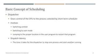Basic Concept of Scheduling
 Dispatcher
 Gives control of the CPU to the process selected by short-term scheduler
 Involves
 Switching context
 Switching to user mode
 Jumping to the proper location in the user program to restart that program
 Dispatch latency
 The time it takes for the dispatcher to stop one process and start another running
"PROCESS AND PROCESS SCHEDULING" BY MS. RASHMI BHAT 14
 