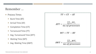 Remember …
 Process Times
 Burst Time (BT)
 Arrival Time (AT)
 Completion Time (CT)
 Turnaround Time (TT)
 Avg. Turnaround Time (ATT)
 Waiting Time (WT)
 Avg. Waiting Time (AWT)
"PROCESS AND PROCESS SCHEDULING" BY MS. RASHMI BHAT 21
𝑻𝑻 = 𝑪𝑻 − 𝑨𝑻
𝑨𝑻𝑻 =
σ𝒊=𝟏
𝒏
𝑻𝑻𝒊
𝒏𝒐. 𝒐𝒇 𝒑𝒓𝒐𝒄𝒆𝒔𝒔𝒆𝒔
𝑾𝑻 = 𝑻𝑻 − 𝑩𝑻
𝑨𝑾𝑻 =
σ𝒊=𝟏
𝒏
𝑾𝑻𝒊
𝒏𝒐. 𝒐𝒇 𝒑𝒓𝒐𝒄𝒆𝒔𝒔𝒆𝒔
 