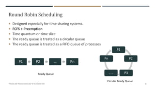 Round Robin Scheduling
 Designed especially for time sharing systems.
 FCFS + Preemption
 Time quantum or time slice
 The ready queue is treated as a circular queue
 The ready queue is treated as a FIFO queue of processes
"PROCESS AND PROCESS SCHEDULING" BY MS. RASHMI BHAT 36
P1
P2
P3
. . .
Pn
P1 P2 … Pn
Ready Queue
Circular Ready Queue
 