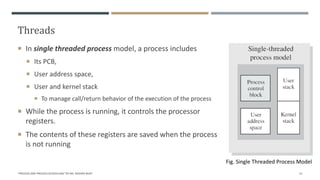 Threads
 In single threaded process model, a process includes
 Its PCB,
 User address space,
 User and kernel stack
 To manage call/return behavior of the execution of the process
 While the process is running, it controls the processor
registers.
 The contents of these registers are saved when the process
is not running
"PROCESS AND PROCESS SCHEDULING" BY MS. RASHMI BHAT 51
Fig. Single Threaded Process Model
 