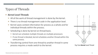 Types of Threads
"PROCESS AND PROCESS SCHEDULING" BY MS. RASHMI BHAT 56
 Kernel Level Threads
 All of the work of thread management is done by the kernel.
 There is no thread management code in the application level.
 Kernel saves context information for process as a whole and for
individual threads within the process.
 Scheduling is done by kernel on thread basis.
 Kernel can schedule multiple threads on multiple processors
 If one thread is blocked, kernel schedules another thread within the
same process.
 Transferring control from one thread to another thread in same
process requires a mode switch to the kernel. Fig. Pure Kernel Level Thread
 