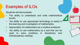 Examples of ILOs
Students will demonstrate:
• The ability to understand and write mathematical
proofs.
• the ability to use appropriate technology to assist in
the learning and investigation of mathematics.
• Appreciation of mathematics as a creative endeavor.
• the ability to use mathematics as a tool that can be
used to solve problems in disciplinary and
interdisciplinary settings.
 