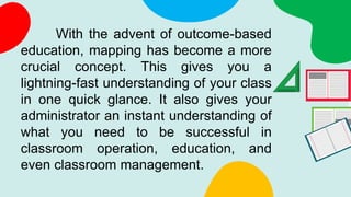 With the advent of outcome-based
education, mapping has become a more
crucial concept. This gives you a
lightning-fast understanding of your class
in one quick glance. It also gives your
administrator an instant understanding of
what you need to be successful in
classroom operation, education, and
even classroom management.
 