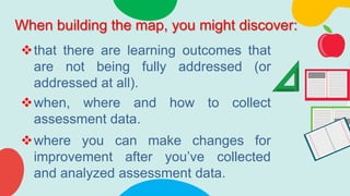 When building the map, you might discover:
that there are learning outcomes that
are not being fully addressed (or
addressed at all).
when, where and how to collect
assessment data.
where you can make changes for
improvement after you’ve collected
and analyzed assessment data.
 