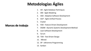 Metodologías Ágiles
Marcos de trabajo
1. AD - Agile Database Techniques
2. AM - Agile Modeling
3. ASD - Adaptive Software Development
4. AUP - Agile Unified Process
5. Crystal
6. FDD - Feature Driven Development
7. DSOM - Dynamic Systems Development Method
8. Lean Software Development
9. Scrum
10. TDD - Test-Driven Design
11. XBreed
12. XP - eXtremme Programming
13. kanban
 