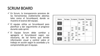 SCRUM BOARD
✓ En Scrum, la transparencia proviene de
las herramientas visiblemente abiertas
tales como el Scrumboard, donde se
muestra el avance del equipo.
✓ El equipo utiliza un Scrumboard para
planificar y dar seguimiento al progreso
durante cada sprint.
✓ El Equipo Scrum debe cambiar y
agregarle al Scrumboard según sea
necesario, de tal forma que brinde
información visual y control sobre el
trabajo en acción según lo acordado y lo
comprometido por el equipo.
 