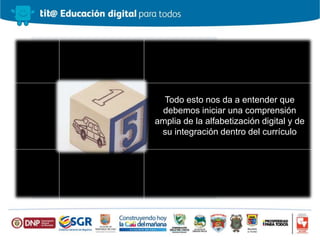 Todo esto nos da a entender que
debemos iniciar una comprensión
amplia de la alfabetización digital y de
su integración dentro del currículo
 