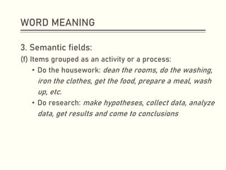WORD MEANING
3. Semantic fields:
(f) Items grouped as an activity or a process:
• Do the housework: dean the rooms, do the washing,
iron the clothes, get the food, prepare a meal, wash
up, etc.
• Do research: make hypotheses, collect data, analyze
data, get results and come to conclusions
 