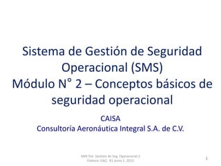 Clasificación: SGC
RO 1-JUN-2012
CAISA
Consultoría Aeronáutica Integral S.A. de C.V.
SMS Sist. Gestión de Seg. Operacional 2
Elaboro: EAQ R1 Junio 1, 2013
1
Sistema de Gestión de Seguridad
Operacional (SMS)
Módulo N° 2 – Conceptos básicos de
seguridad operacional
 