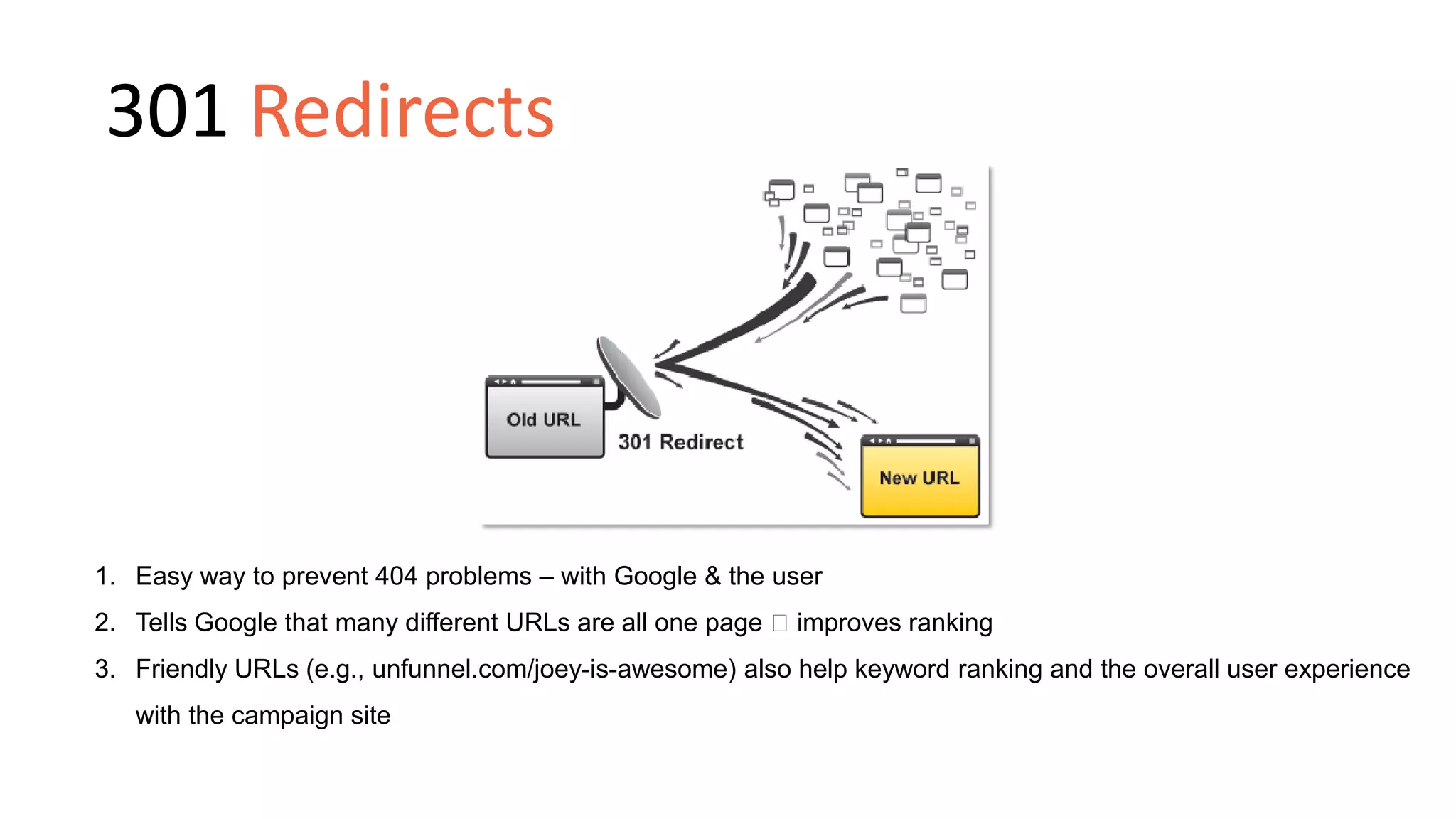 1. Easy way to prevent 404 problems – with Google & the user
2. Tells Google that many different URLs are all one page improves ranking
3. Friendly URLs (e.g., unfunnel.com/joey-is-awesome) also help keyword ranking and the overall user experience
with the campaign site
301 Redirects
 