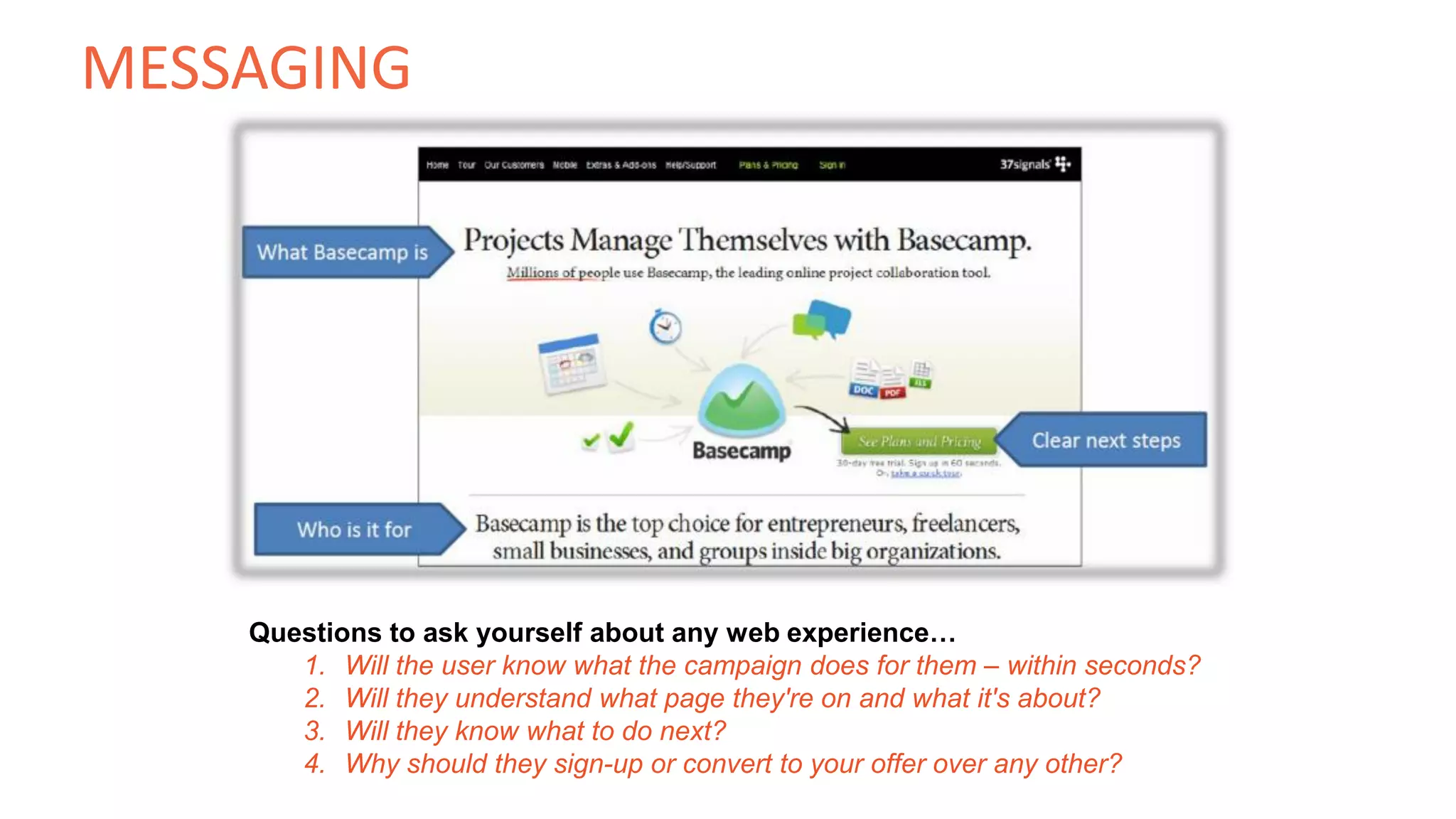Questions to ask yourself about any web experience…
1. Will the user know what the campaign does for them – within seconds?
2. Will they understand what page they're on and what it's about?
3. Will they know what to do next?
4. Why should they sign-up or convert to your offer over any other?
MESSAGING
 