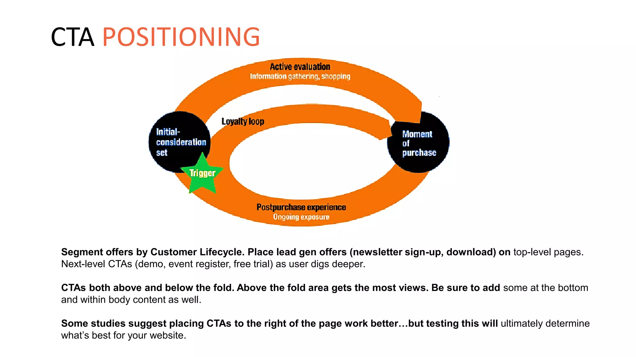 Segment offers by Customer Lifecycle. Place lead gen offers (newsletter sign-up, download) on top-level pages.
Next-level CTAs (demo, event register, free trial) as user digs deeper.
CTAs both above and below the fold. Above the fold area gets the most views. Be sure to add some at the bottom
and within body content as well.
Some studies suggest placing CTAs to the right of the page work better…but testing this will ultimately determine
what’s best for your website.
CTA POSITIONING
 