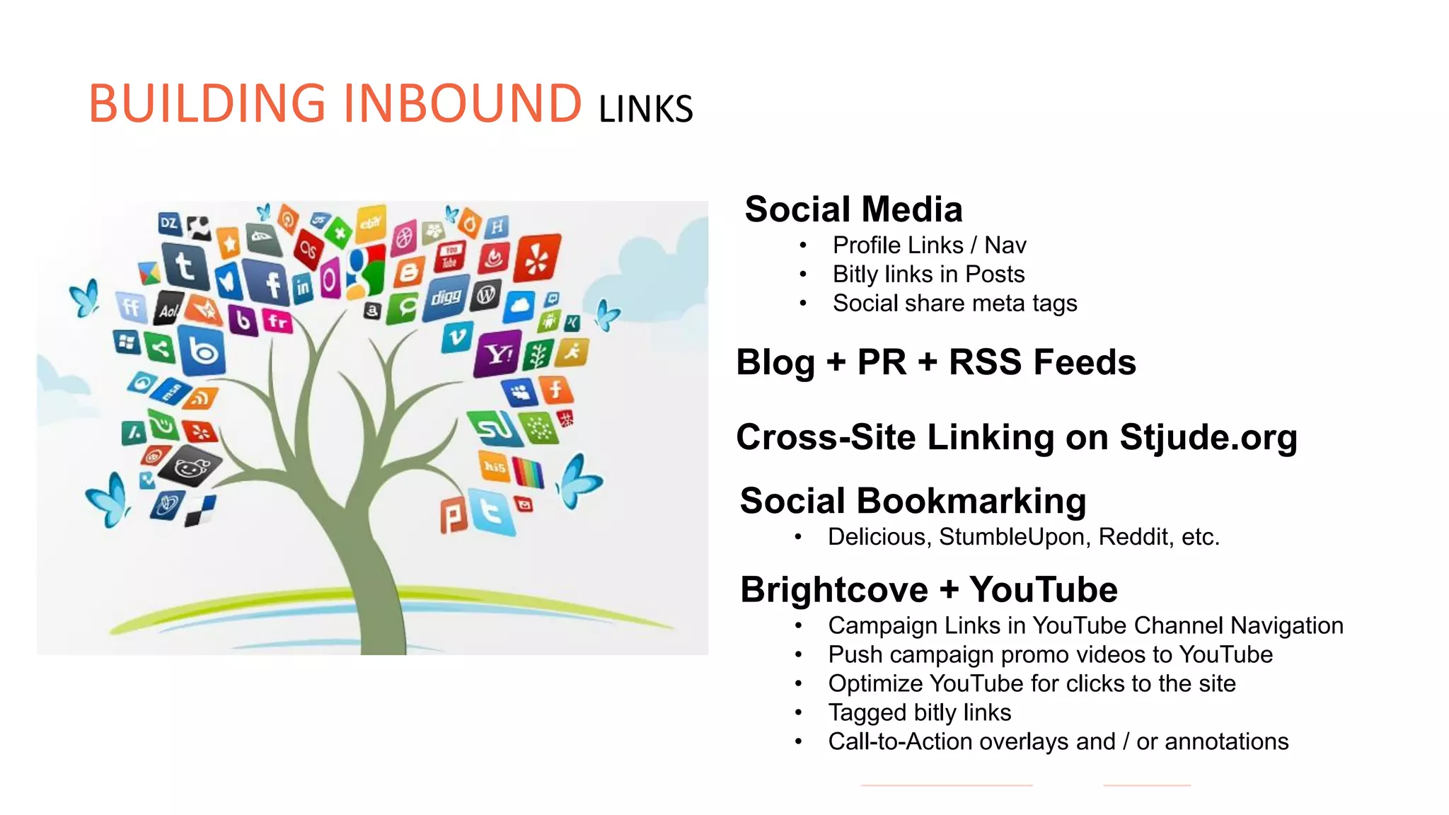 Social Media
• Profile Links / Nav
• Bitly links in Posts
• Social share meta tags
Blog + PR + RSS Feeds
Cross-Site Linking on Stjude.org
Social Bookmarking
• Delicious, StumbleUpon, Reddit, etc.
Brightcove + YouTube
• Campaign Links in YouTube Channel Navigation
• Push campaign promo videos to YouTube
• Optimize YouTube for clicks to the site
• Tagged bitly links
• Call-to-Action overlays and / or annotations
BUILDING INBOUND LINKS
 