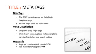Title Tags
• The ONLY remaining meta tag that affects
Google rankings
• NEVER begin it with the brand name
Meta Description
• Unique for every single page
• While it can’t boost, duplicate meta descriptions
can significantly hurt your search ranking
Keywords
• Improve on-site search rank & SEM
• Too many tells Google SPAM
TITLE & META TAGS
 