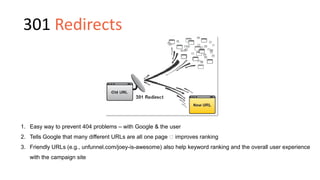 1. Easy way to prevent 404 problems – with Google & the user
2. Tells Google that many different URLs are all one page improves ranking
3. Friendly URLs (e.g., unfunnel.com/joey-is-awesome) also help keyword ranking and the overall user experience
with the campaign site
301 Redirects
 